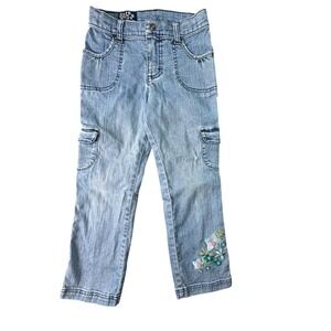 Lee‎ Girls Cargo Jeans Floral Embroidered Sequin Y2K Kidcore Size 6X Blue Denim